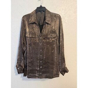 Elementz Woman Bronze Metallic Crinkle Button Down Shirt Plus Size 2X WSMB0132